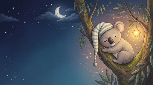 Sleeping Koala in Nightcap on Tree Branch