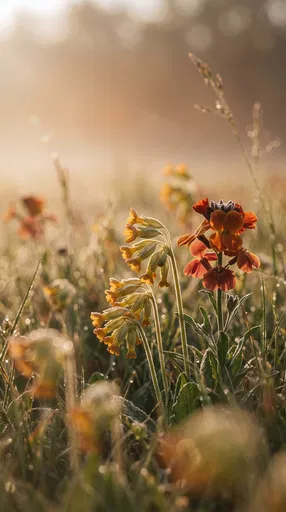 Backlit Cowslips and Wallflowers in Meadow