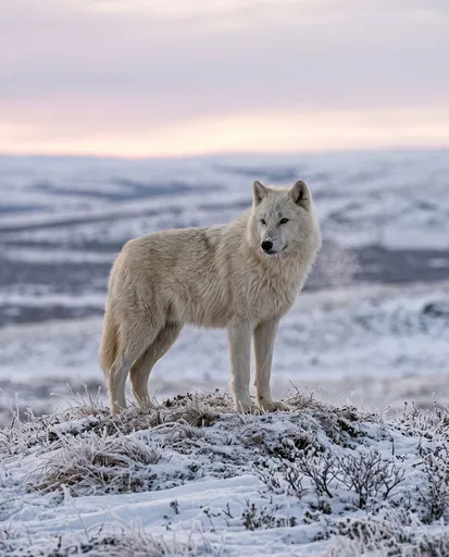 Arctic Wolf Standing on Frosty Tundra