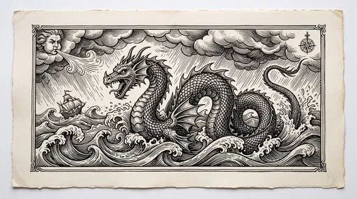 Woodcut Sea Dragon in Stormy Waves