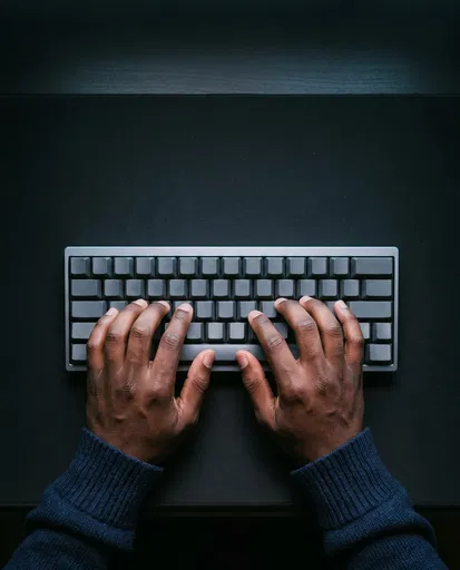 Overhead View of Hands Typing on Blank Keyboard
