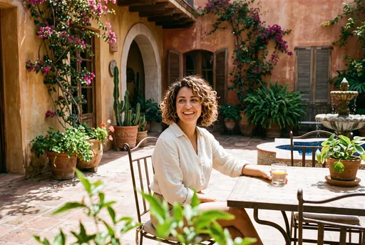 Smiling Woman in Sunlit Terracotta Courtyard