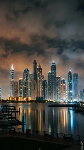 Illuminated Modern Skyline Across Reflective Night Harbor