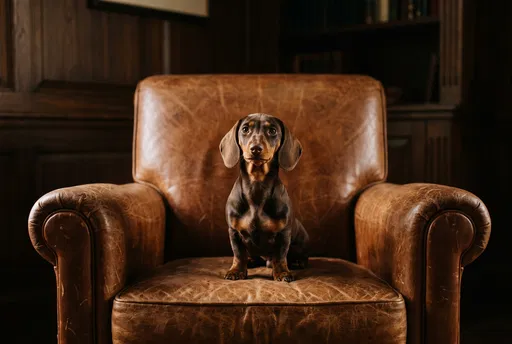 Chocolate Dachshund Sitting on Leather Armchair