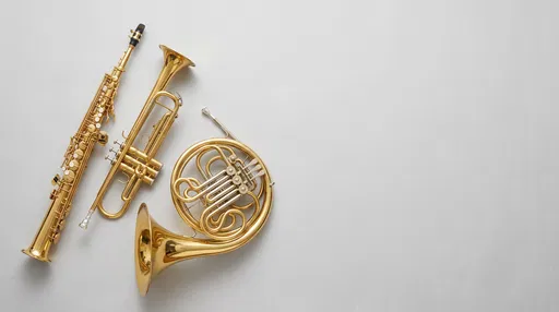 Brass Wind Instruments Flatlay with Copy Space