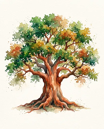 Watercolor Oak Tree Illustration on Cream Paper