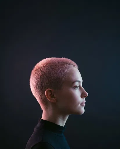 Woman With Pastel Pink Buzz Cut Profile