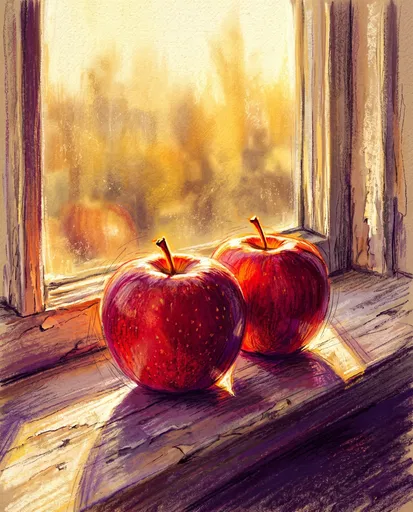 Pastel Drawing of Apples on Windowsill