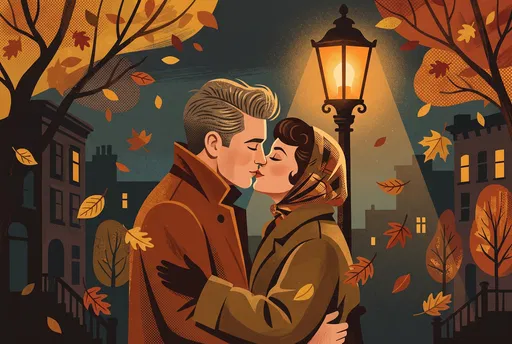 Vintage Couple Kissing Under Autumn Streetlamp