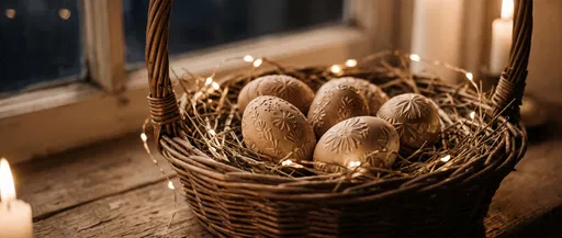 Carved Easter Eggs in Lit Basket