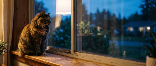 Longhair Cat Sitting on Windowsill at Dusk