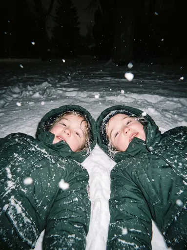Two Children Lying in Night Snow