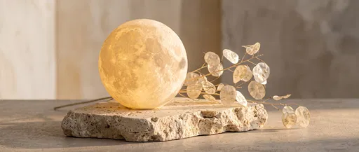 Glowing Moon Lamp on Travertine Stone