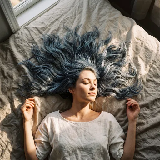 Woman With Blue Hair Lying on Linen