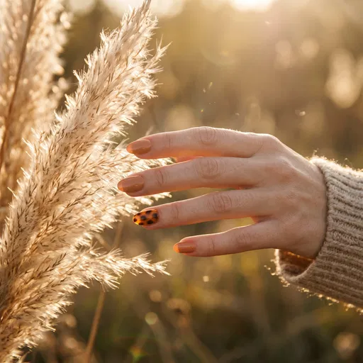 Hand With Caramel Nails Touching Pampas