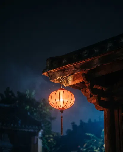 Glowing Orange Lantern Under Wooden Eave