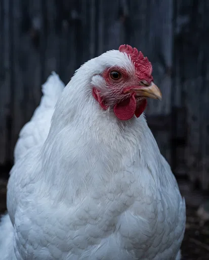 White Hen Portrait Against Dark Wood