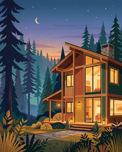 Cozy Timber House in Twilight Forest Illustration