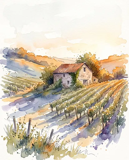 Watercolor Hillside Vineyard and Stone Barn