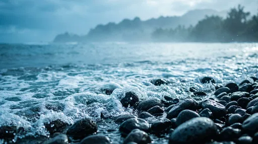 Volcanic Pebbles and Misty Tropical Coastline