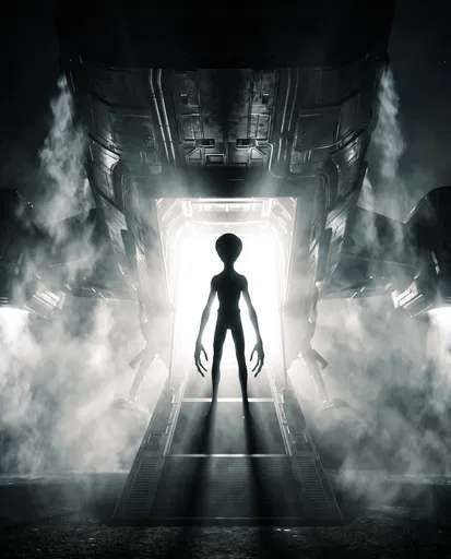 Alien Silhouette on Spaceship Boarding Ramp