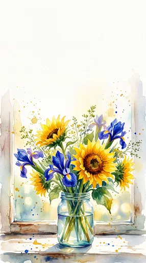 Watercolor Sunflowers and Irises on Windowsill
