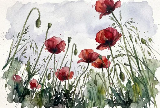 Watercolor Illustration of Red Poppies and Grasses