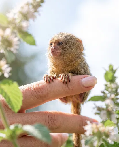 Tiny Pygmy Marmoset Perched on Finger