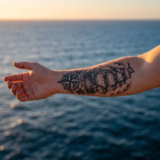 Nautical Ship and Compass Forearm Tattoo