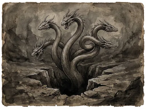 Five-Headed Hydra Ink Wash Illustration