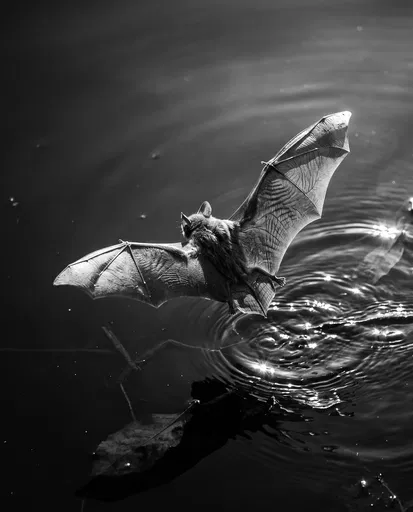 Monochrome Bat Gliding Over Rippled Pond