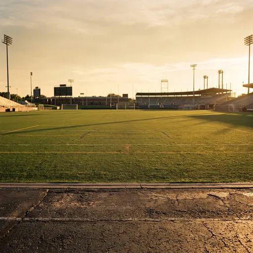 Empty Stadium Turf Field at Sunset
