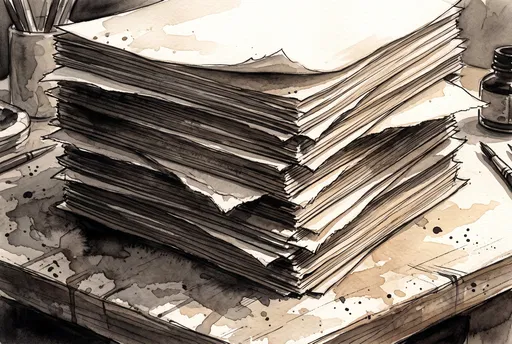 Sepia Ink Illustration of Stacked Paper