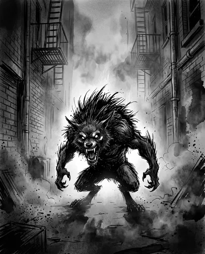 Monochrome Ink Werewolf Beast in Smoky Alley