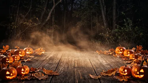 Rustic Wooden Halloween Backdrop with Glowing Pumpkins