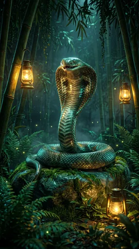 King Cobra in Illuminated Bamboo Forest