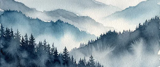 Blue Watercolor Misty Mountain Ridges Panorama