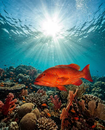 Red Coral Grouper Over Tropical Reef