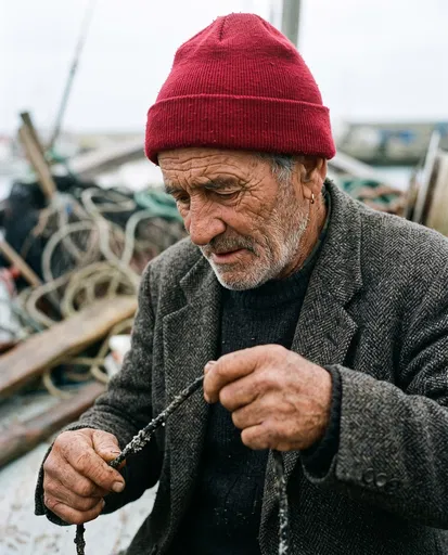 Elderly Fisherman in Red Beanie Holding Cord