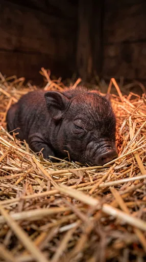 Sleeping Black Piglet in Barn Straw