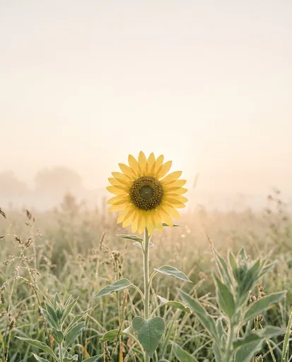 Single Sunflower in Misty Morning Meadow