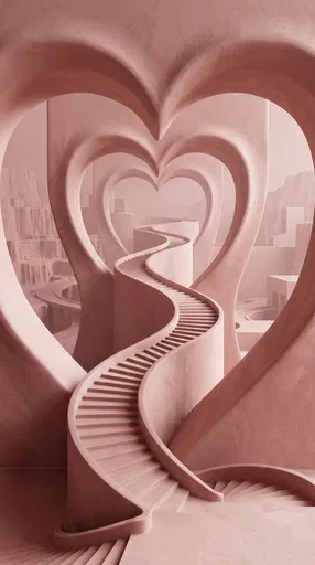 Surreal Pink Heart Arches and Winding Staircase