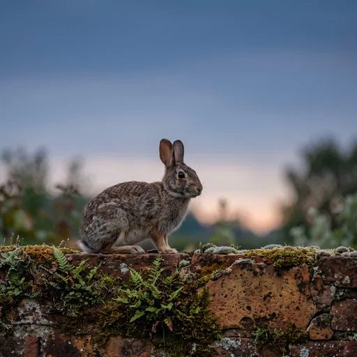 Wild Rabbit on Mossy Garden Wall