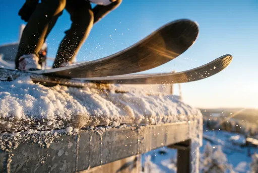 Skis Jutting Over Icy Ledge at Sunset