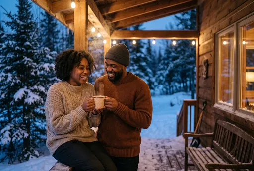 Couple Sharing Cocoa on Snowy Cabin Porch