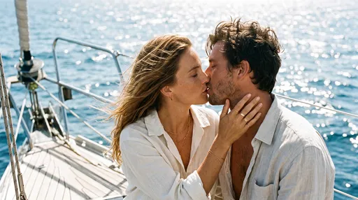 Couple Kissing on Sailboat in Sunlight