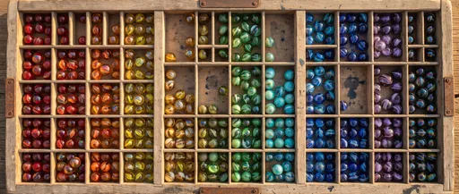 Rainbow Glass Marbles in Vintage Wooden Tray