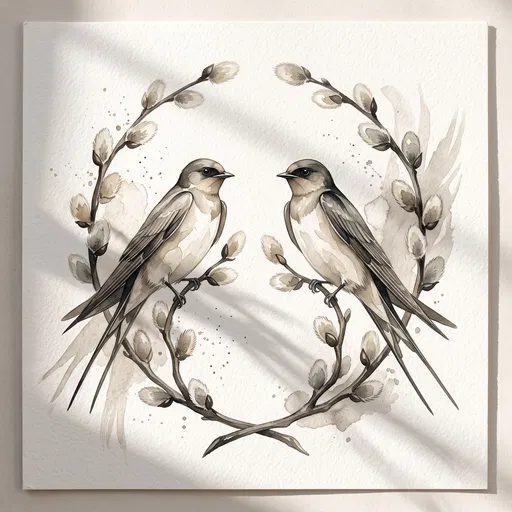 Watercolor Swallows on Pussy Willow Branches