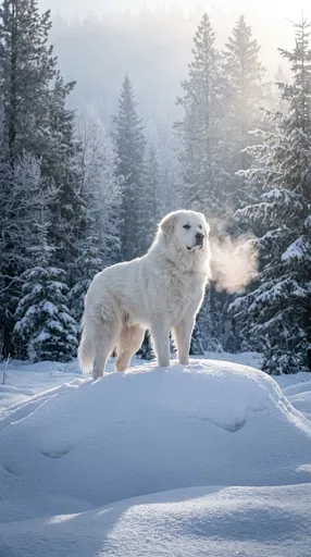Great Pyrenees Dog in Winter Forest