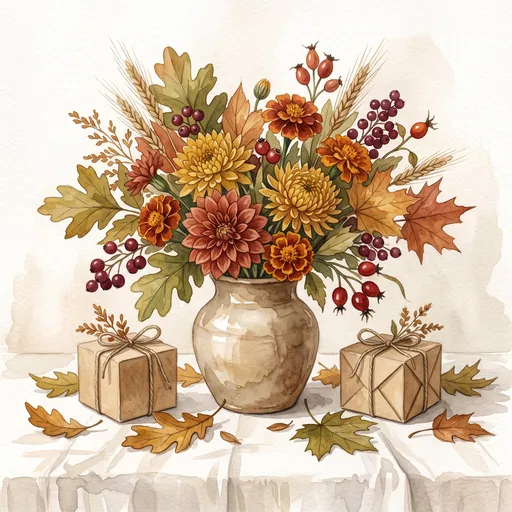 Watercolor Autumn Floral Arrangement with Gifts